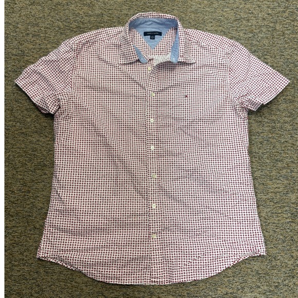 Tommy Hilfiger XXL Short Sleeve‎ Button Down Shirt Red & White Geometric Pattern - Picture 1 of 6